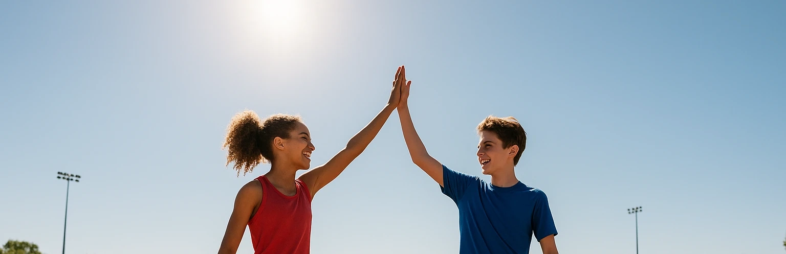 Two young athletes celebrating with a high-five on a track, representing the success and achievement that comes from using Striveon's coaching platform