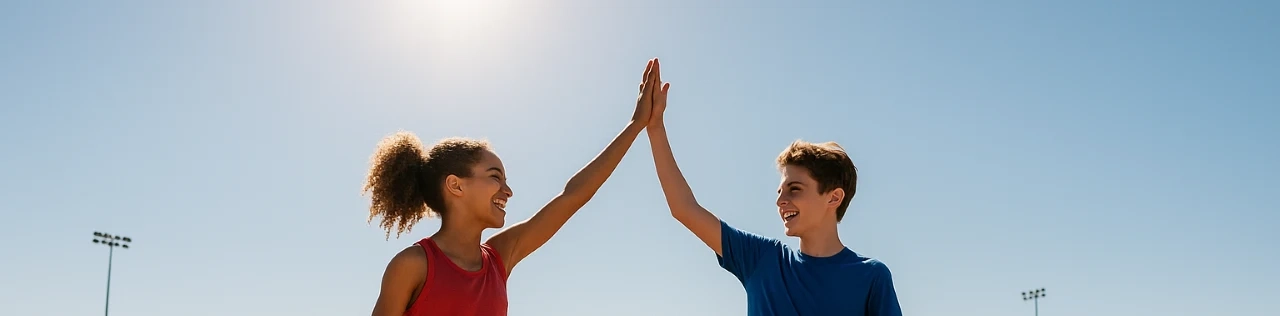 Two young athletes celebrating with a high-five on a track, representing the success and achievement that comes from using Striveon's coaching platform