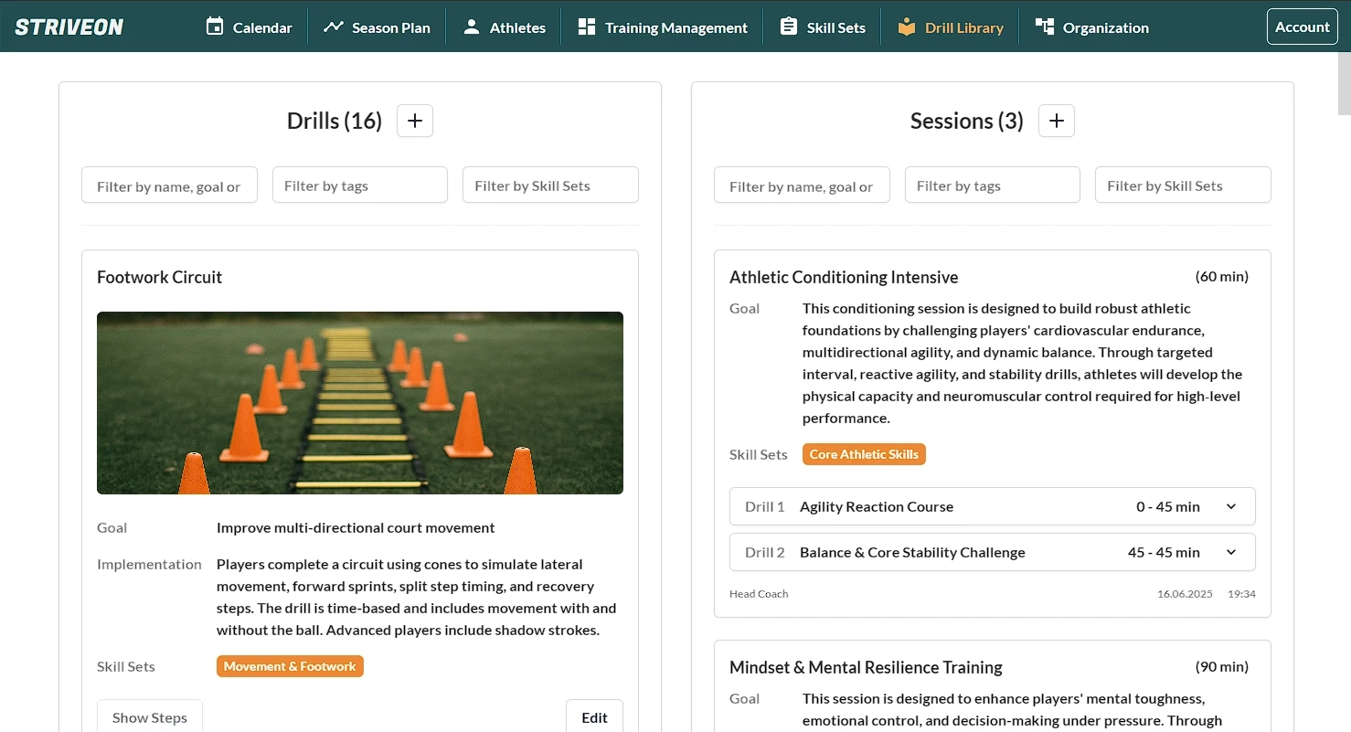 A screenshot of Striveon's Drill Library interface, displaying categorized drills with skill tags and structured training sessions.
