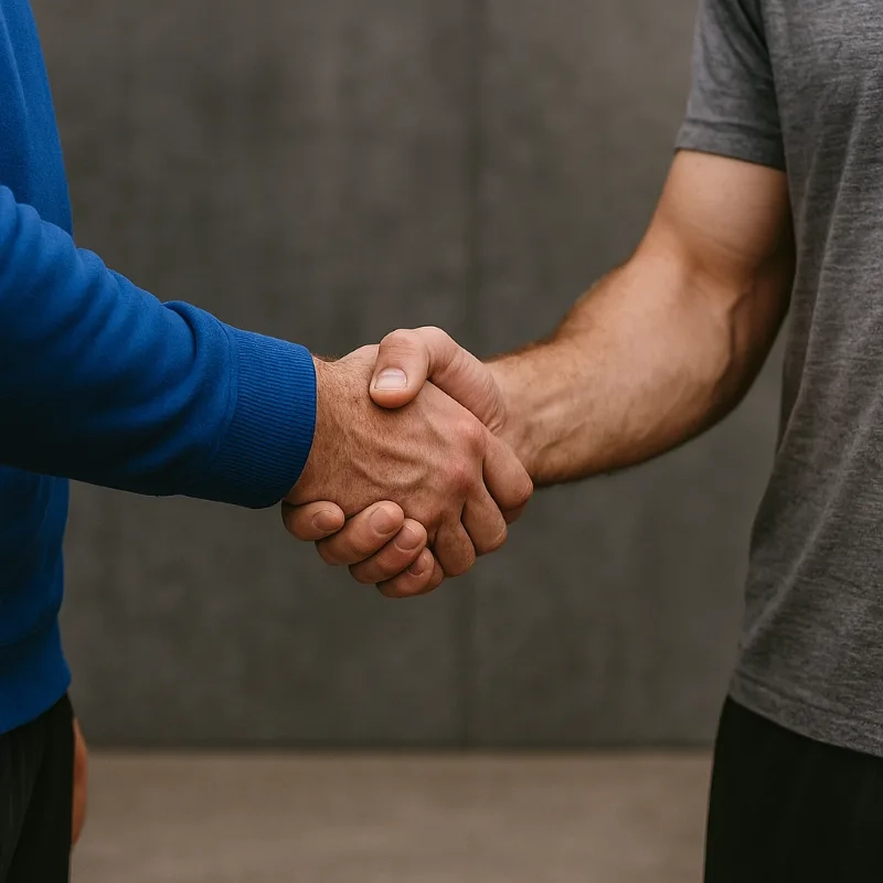 Two people in athletic wear shaking hands, representing the partnership and trust between Striveon and coaches who are ready to transform their workflow with simple, effective tools