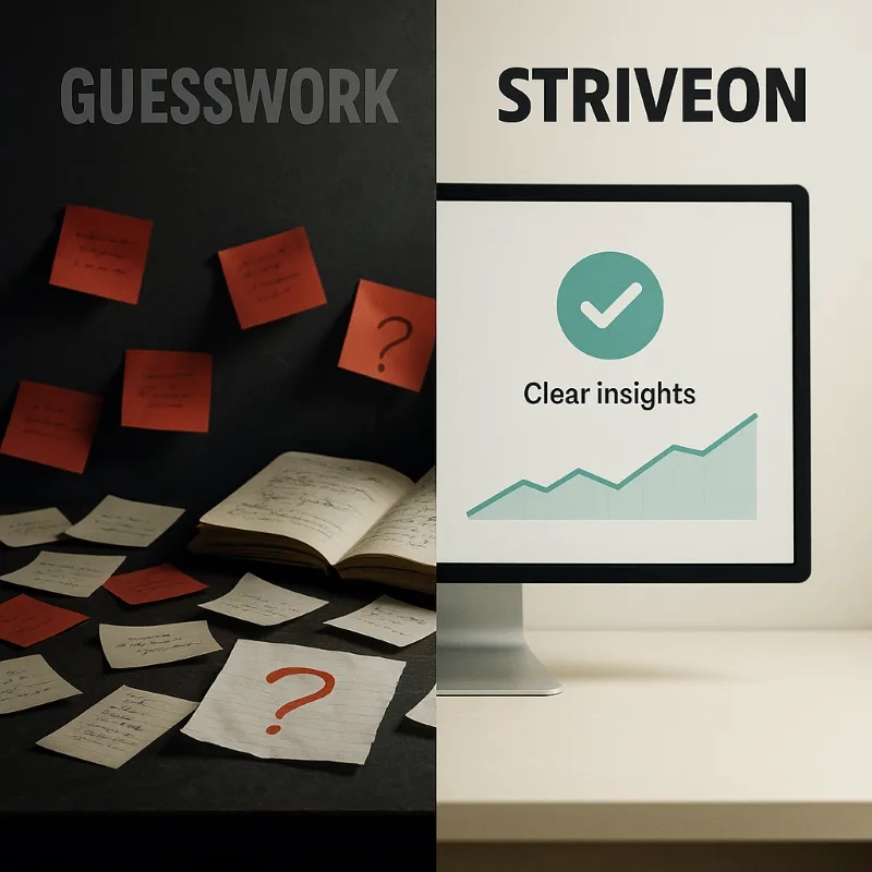 Scattered sticky notes with question marks labeled 'GUESSWORK' contrasted with computer screen showing 'Clear insights' and upward trending graph - illustrating how Striveon's athlete development software transforms scattered coaching notes and subjective guesswork into systematic progress tracking and data-driven development insights.
