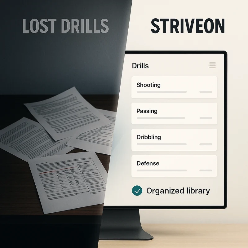 Scattered practice plan papers labeled 'LOST DRILLS' contrasted with organized computer screen showing categorized drill library with shooting, passing, dribbling, and defense sections - illustrating how Striveon's practice planning software transforms chaotic session preparation into organized, searchable drill libraries that save hours of weekly preparation time.