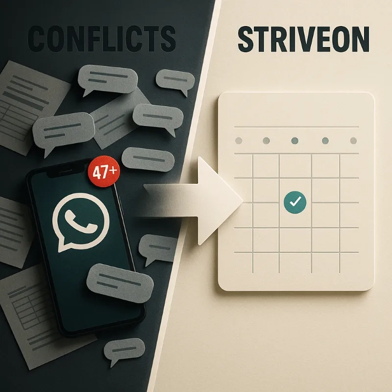 WhatsApp phone showing 47+ unread messages with chaotic message bubbles and 'CONFLICTS' text, contrasted with organized calendar grid showing conflict-free scheduling - illustrating how Striveon's professional team calendar eliminates WhatsApp scheduling chaos and prevents double-booking disasters through automated coordination.