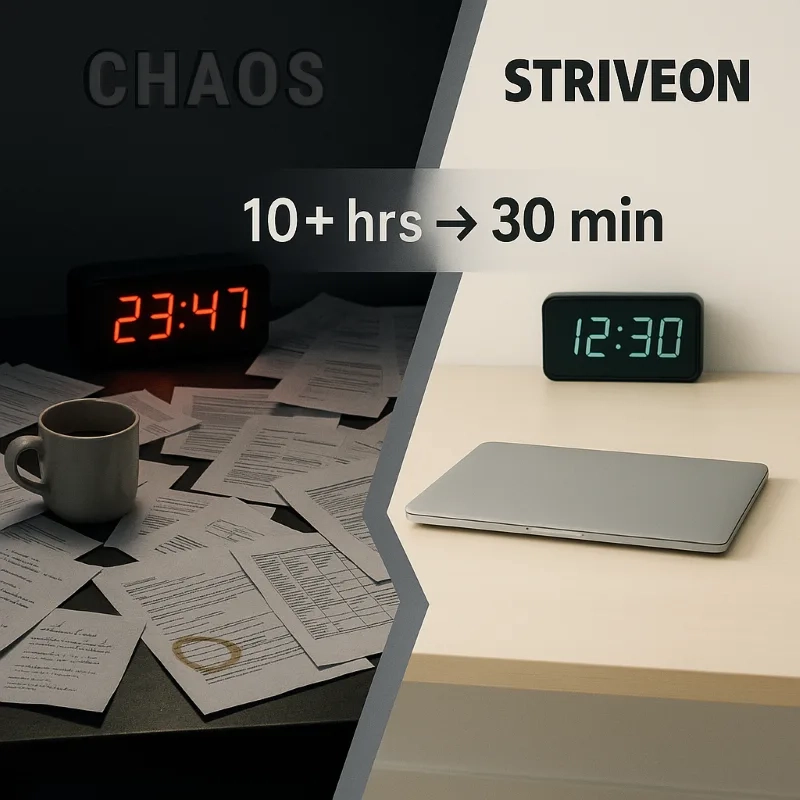 Chaotic desk scene with scattered papers, multiple clocks showing late hours, and laptop - representing the administrative chaos that coaches face when manually managing training schedules, which Striveon's automated training management software eliminates by reducing 10+ hours of weekly admin work to just 30 minutes.