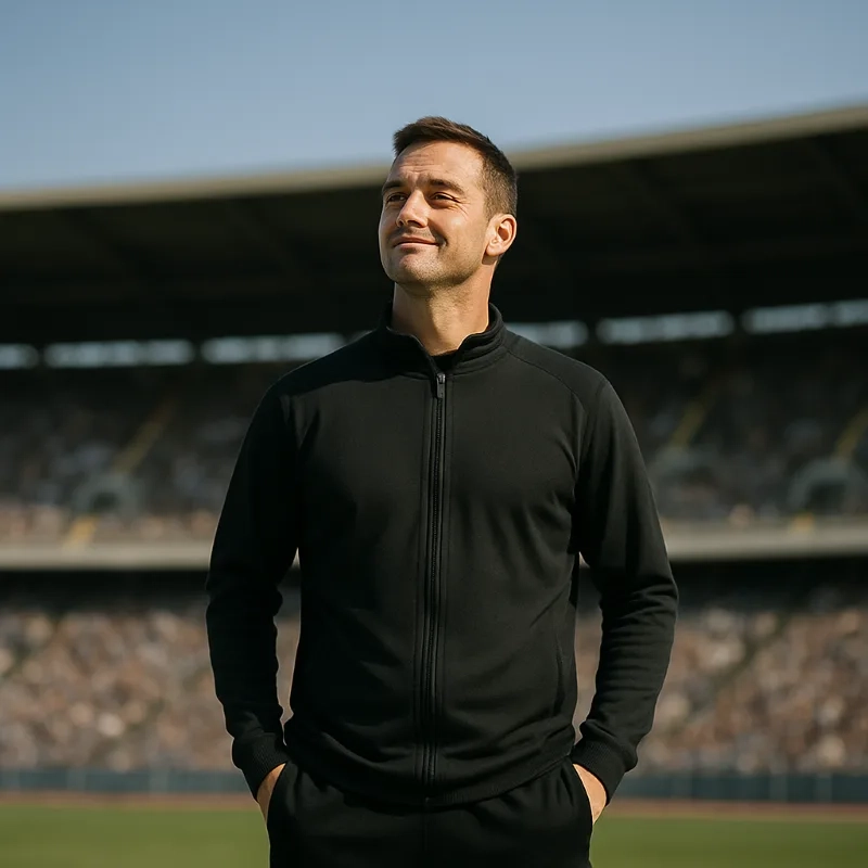 Professional coach in black athletic wear standing confidently in a stadium, representing the organized, stress-free coaching experience that Striveon's all-in-one platform delivers