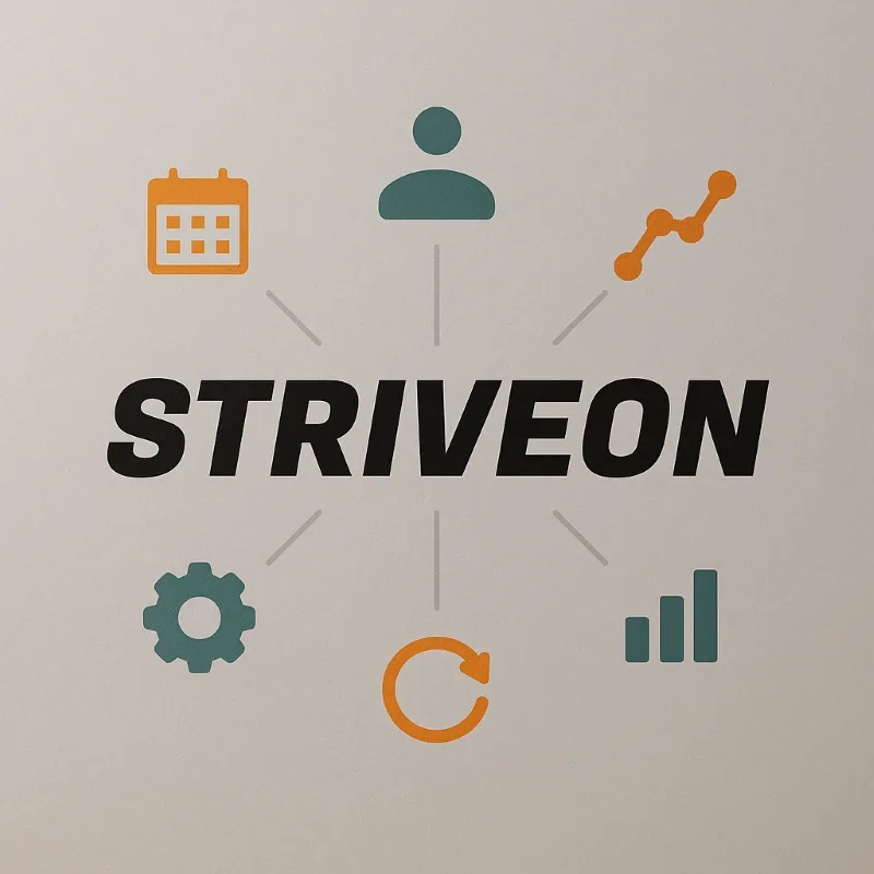 Infographic showing Striveon as central hub connected to coaching icons including calendar, people, analytics charts, settings gear, and progress arrows - illustrating how integrated training management features work together automatically instead of requiring coaches to juggle separate apps for scheduling, athlete tracking, and team coordination.