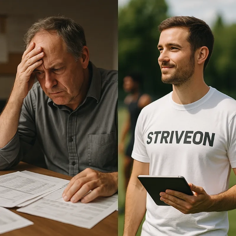 Split image showing the transformation from coaching chaos to organized success—a frustrated coach overwhelmed by scattered paperwork contrasted with a confident coach in a Striveon shirt using professional digital tools, representing how the right coaching platform unlocks athlete potential through systematic organization.