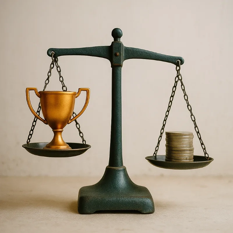 Balanced scales with a golden trophy and coins, symbolizing Striveon's transparent pricing model that balances professional coaching excellence with fair, predictable costs—no hidden fees, no premium tiers, just value that matches your investment in athlete development.