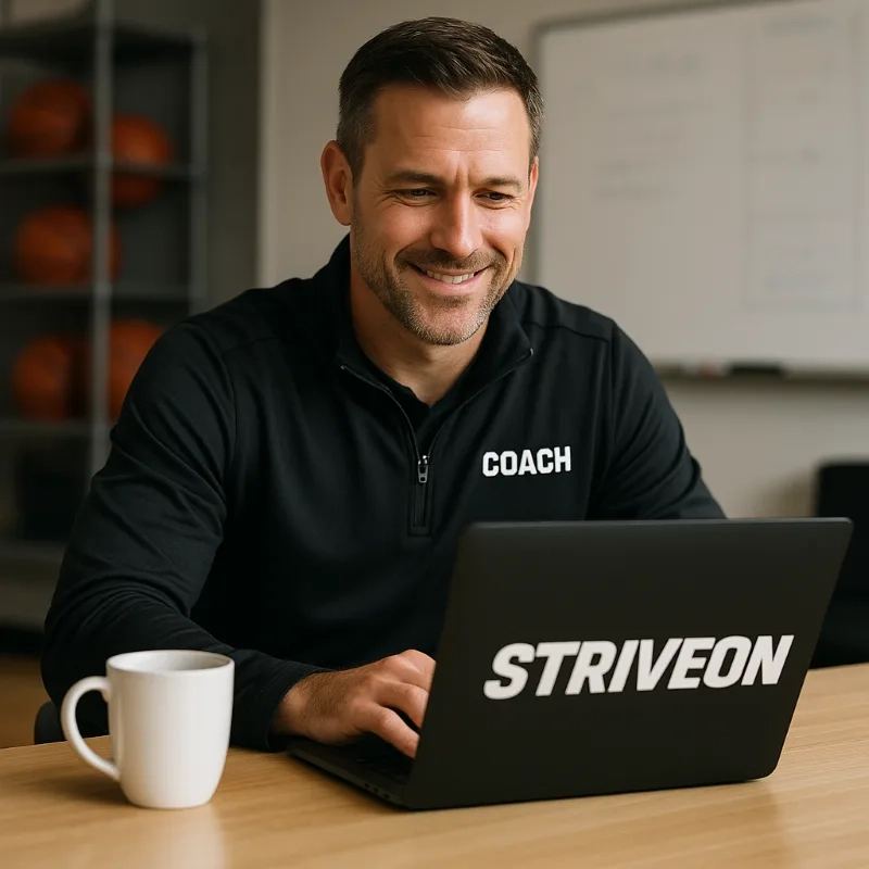 Smiling coach in black 'COACH' jacket working on laptop with Striveon branding, representing the transition from administrative chaos to organized, stress-free coaching with the right tools