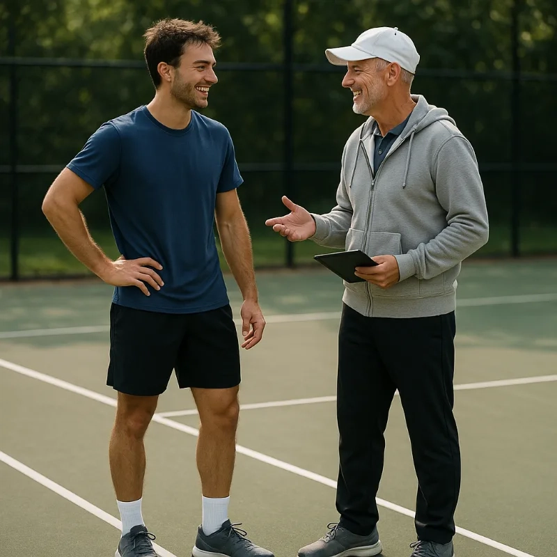 Two coaches of different generations sharing a friendly conversation on a tennis court, representing the collaborative relationship between experienced coaching wisdom and modern tools that support coaching vision