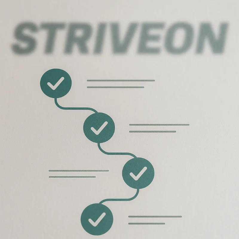 Step-by-step checklist graphic with connected checkmarks and progress bars showing systematic workflow progression, representing how Striveon's structured implementation guides transform complex coaching setup processes into simple, achievable steps that coaches can follow to eliminate administrative chaos and implement professional systems.