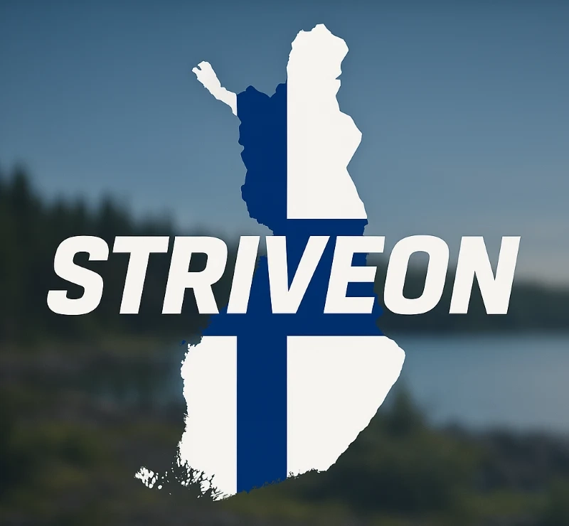 Finnish flag with Striveon branding, symbolizing how coaching excellence born in Finland now empowers coaches worldwide—combining deep athletic experience, hands-on coaching reality, and advanced technical expertise to help coaches focus on developing athletes globally.