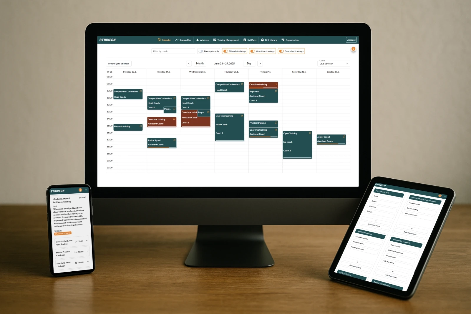 Multi-device view of Striveon's coaching platform interface showing the unified calendar, training management, and athlete features across desktop, tablet, and mobile—demonstrating how coaches can access their complete coaching toolkit seamlessly from any device, anywhere.