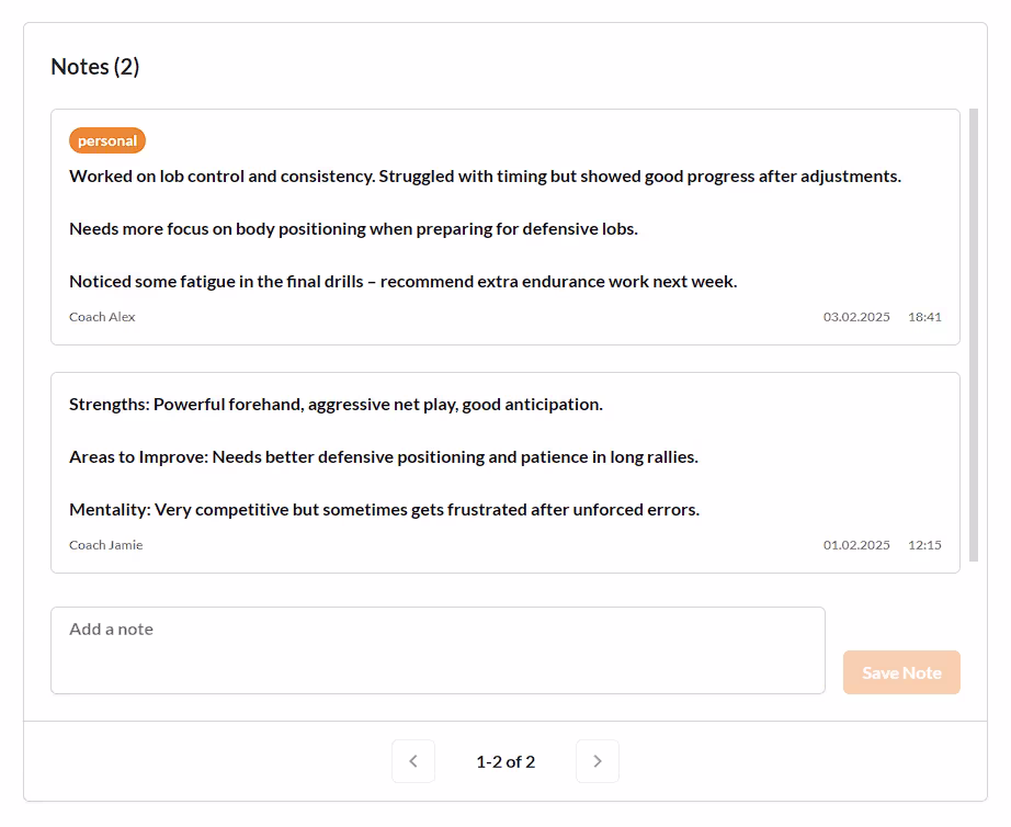 A screenshot of Striveon's Athlete Notes interface, displaying shared observations and performance insights for players.
