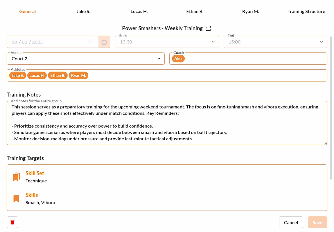 A screenshot of Striveon's training event editor, showing session details, assigned athletes, training notes, and skill targets