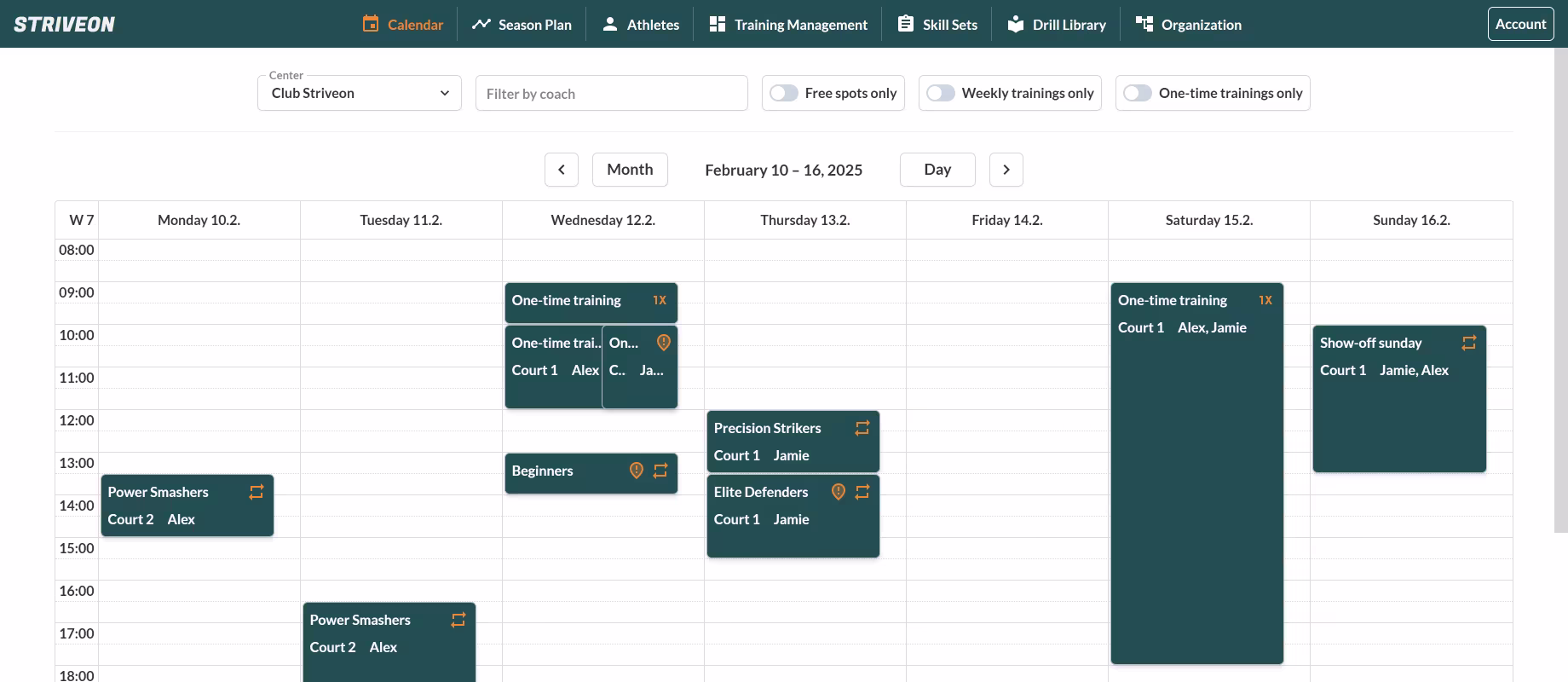 A screenshot of Striveon's calendar view displaying scheduled training sessions for a sports team