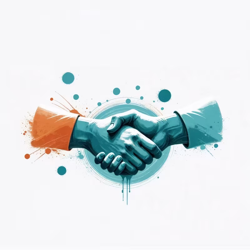 Abstract teal and orange handshake symbolizing Striveon’s collaborative onboarding process, guiding coaches step by step to set up and optimize their coaching environment.