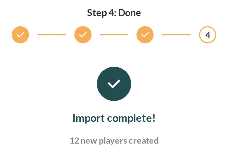 Striveon's player import wizard, step 4 of 4, Done: Import complete, 12 new players created.