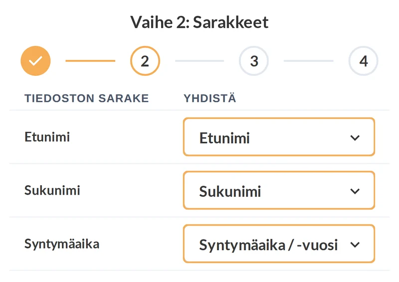 Striveonin pelaajien tuonti, vaihe 2 neljästä, Sarakkeet: tiedoston sarakkeet Etunimi, Sukunimi ja Syntymäaika on jo yhdistetty Striveonin kenttiin Etunimi, Sukunimi ja Syntymäaika / -vuosi.