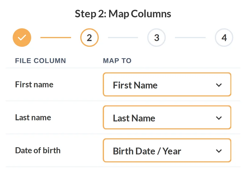 Striveon's player import wizard, step 2 of 4, Map Columns: the file's columns First name, Last name and Date of birth already matched to Striveon's fields.