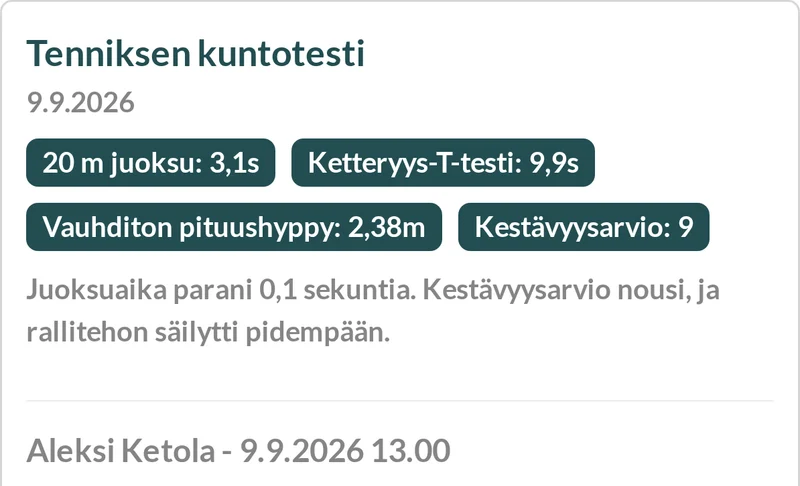 Ympyröidyn pelaajan testipäivä Striveonissa: 20 m juoksu 3,1 s, ketteryys-T-testi 9,9 s, vauhditon pituushyppy 2,38 m, kestävyysarvio 9.