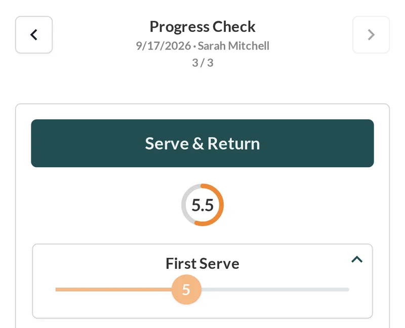 Ethan Brown's third evaluation in Striveon, Progress Check by Sarah Mitchell: the Serve & Return card, average 5.5, First Serve 5.