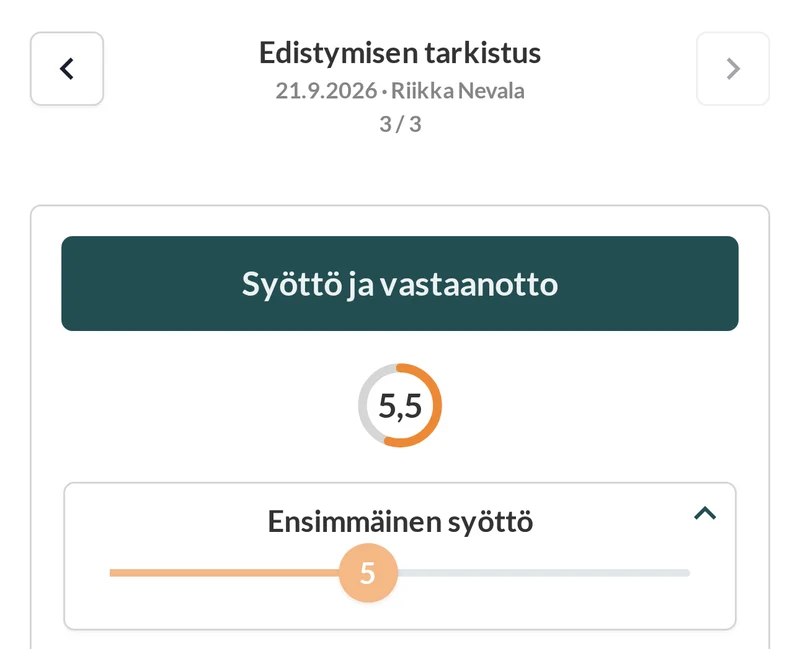 Eelis Kailan kolmas arviointi Striveonissa, Riikka Nevalan Edistymisen tarkistus: Syöttö ja vastaanotto -kortti, keskiarvo 5,5, Ensimmäinen syöttö 5.