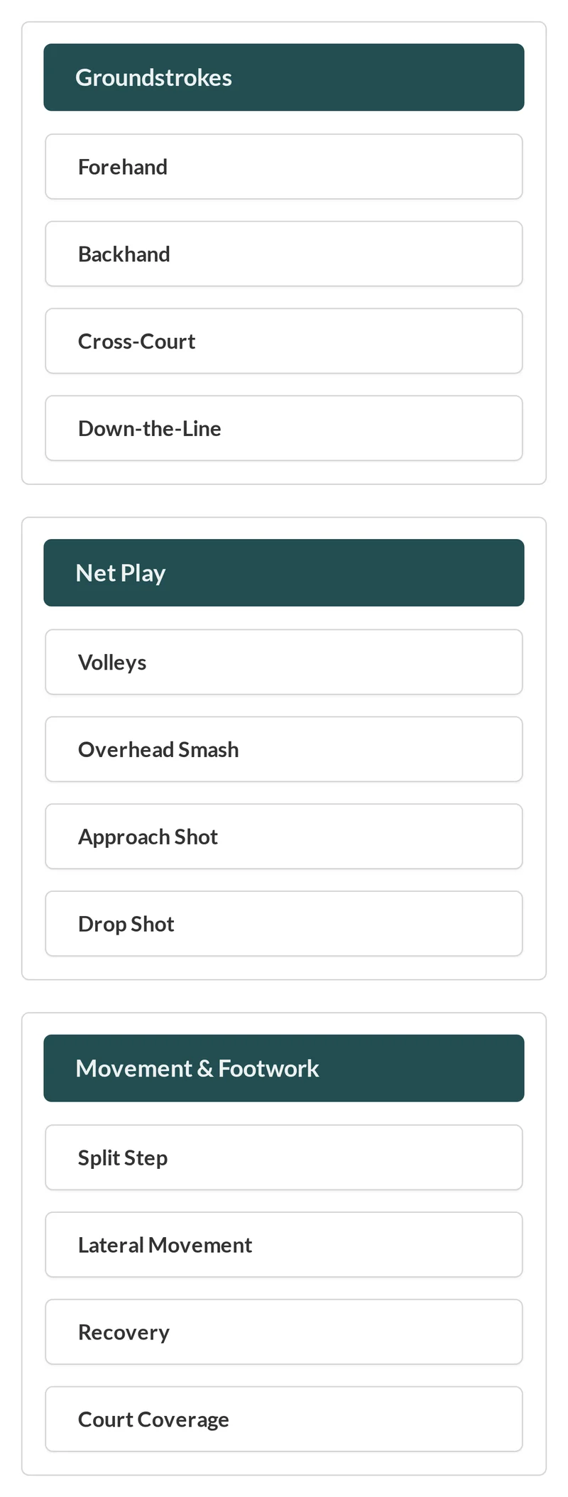 The club's skill sets as the coaches defined them, in Striveon: Groundstrokes with Forehand, Backhand, Cross-Court, Down-the-Line; Net Play with Volleys, Overhead Smash, Approach Shot, Drop Shot; Movement & Footwork with Split Step, Lateral Movement, Recovery, Court Coverage, and the sets after them.