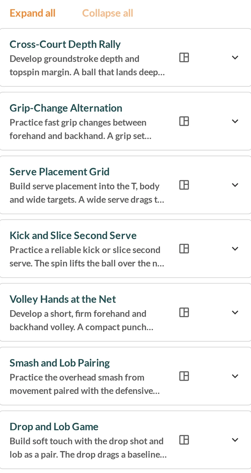 The drill library in Striveon: Serve Accuracy Targets, Cross-Court Rally, Approach & Volley, Baseline Footwork Drill, Return of Serve Practice, Drop Shot & Lob Combo.