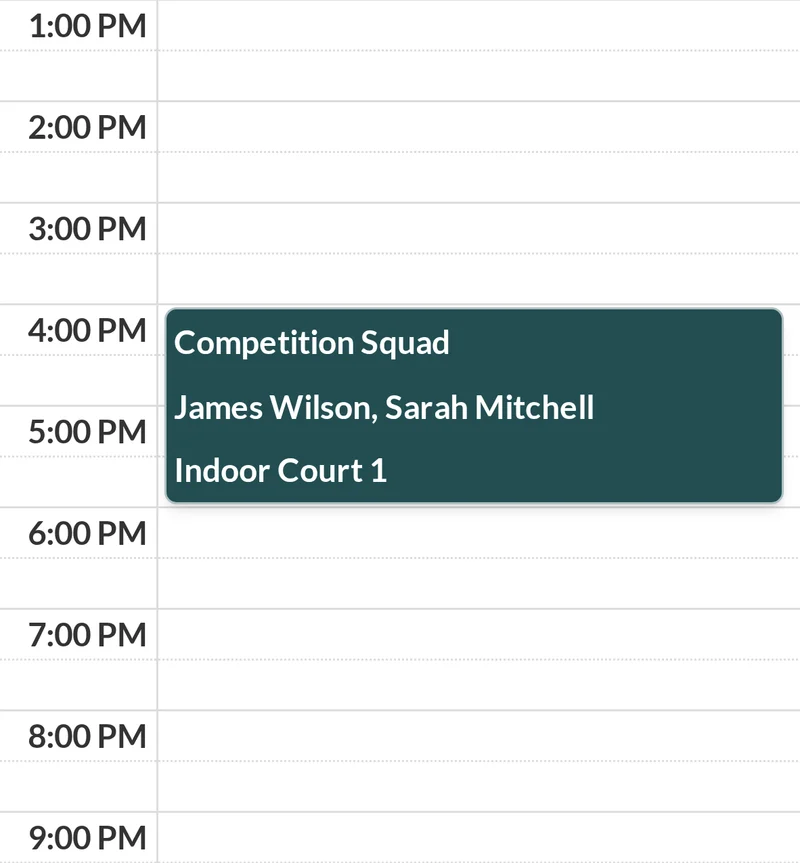 The day calendar in Striveon for 9/14/2026, 1 PM to 9 PM, with the Competition Squad training at 4 PM on Indoor Court 1.